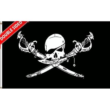 Imagem de Masquita Bandeira de pirata dupla face, 8 x 1,5 m, bandeira de navio pirata Jolly Roger, bandeira de caveira e ossos cruzados ao ar livre, poliéster resistente 200D, 3 camadas, cabeçalho de lona