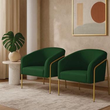 Imagem de Poltrona Sala Industrial Alta Dourado Kit 2 Stella Suede Verde D03 - D`rossi