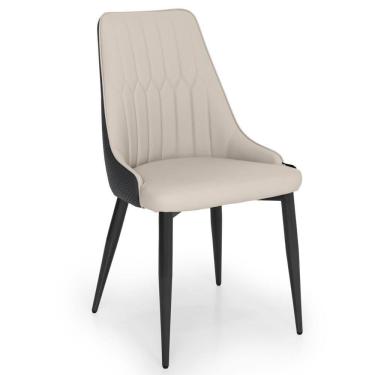 Imagem de Cadeira De Jantar Estofada Torino Design Italiano Costuras Geométricas Base Em Metal - Bege-cinza Escuro