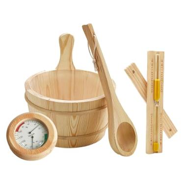 Imagem de Generic Conjunto de 4 peças de acessórios para sauna, incluindo balde de madeira, concha, termômetro e ampulheta. Equipamento e ao