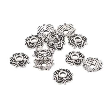 Imagem de 50 peças de tampas de contas de flor de liga de estilo tibetano, tampas florais de prata antiga com 4 pétalas, contas soltas, berloque de fabricação de joias em massa para colar, pulseira, brinco e