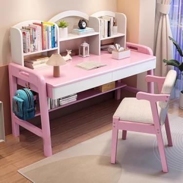 Imagem de Yadlan Kids Desk with Shelves and Storage with Legs, Study Desk with Hutch and Drawer for Bedroom, Height Adjustable Children Desk for All Kids with Hutch and 2 Drawers Pink 100x60x105cm
