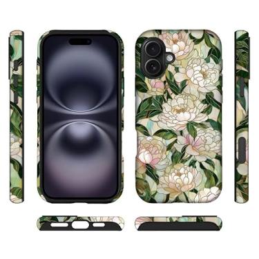 Imagem de ilikediy Capa híbrida para iPhone 16 Plus com 2 camadas rígidas de silicone com estampa protetora - flores de peônia de vitral