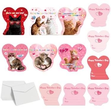 Imagem de Hoblynth Pacote com 30 cartões de dia dos namorados para crianças, cartões de dia dos namorados para sala de aula com envelopes, cartão de troca de presente de gato com coração de amor para atividades