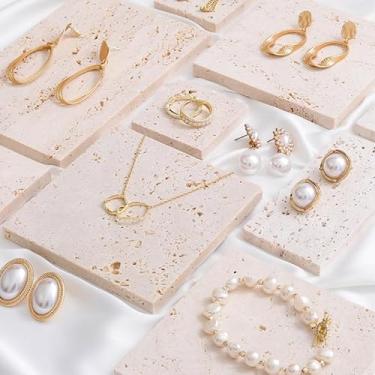 Imagem de Artisanal Abode Telhas de exibição de pedra travertino natural, adereços decorativos de fotografia para joias, cosméticos, decoração de casa, blocos de pedra bege (10 cm x 15 cm)