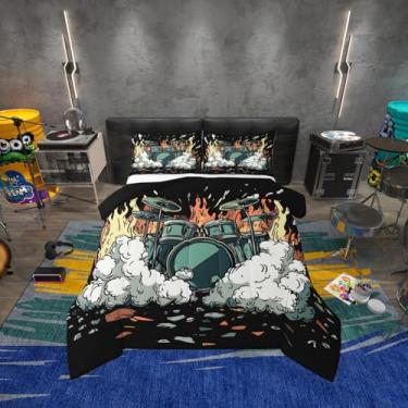 Imagem de Erosebridal Conjunto de edredom solteiro com desenho animado de tambor, rock, para meninos, meninas, adultos, estampa musical, para amantes de música, edredom