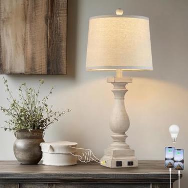 Imagem de MOUVOVO Luminárias De Mesa Estilo Fazenda 28" Com Portas Usb C+A E Tomada Ca, Cabeceira Rústica Controle Toque 3 Vias Para Quarto, Vintage Bege Sala Estar Escritório