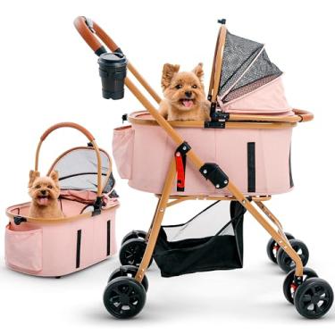 Imagem de Carrinho de bebê para cães e gatos pequenos e médios – bolsa removível 2 em 1, entrada sem zíper, carrinho de viagem dobrável leve com cesta de armazenamento, suporte de copo, rosa