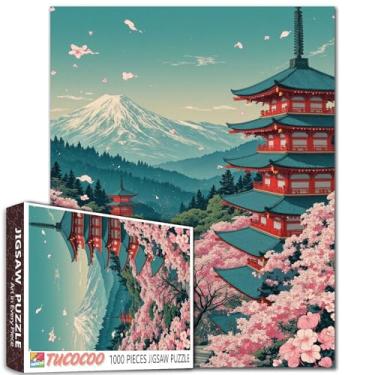 Imagem de Quebra-cabeça de 1000 peças para adultos, estudantes, pagode japonês com flores de cerejeira, montagem, Fuji, colorido, estilo vintage, 50 × 68 cm, quebra-cabeças de cenário de viagem para decoração