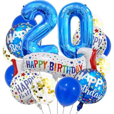 Imagem de Balões azuis com número 20. Balões de alumínio grandes de aniversário azul escuro, balões coloridos de 20 anos para decoração de festa de aniversário de 20 anos para meninos de 20 anos (azul 20)