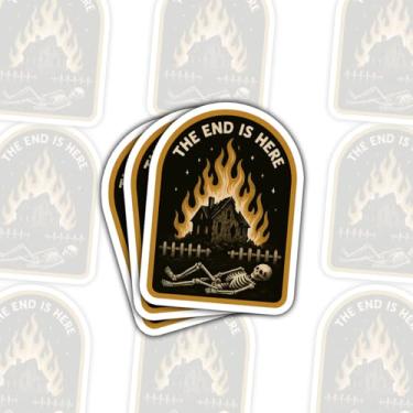 Imagem de 3 peças de adesivos The End is Here, decalque de vinil de esqueleto apocalipse de humor negro, adesivo engraçado e estético à prova d'água para laptop, garrafa de água, caderno, skate e decoração de