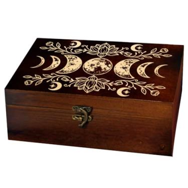 Imagem de arricraft 1 caixa de armazenamento de lembrança de madeira, fases da lua, padrão de estrelas Lotu, retangular, pinheiro, tarô, cartão de memória, para armazenamento de joias de aniversário, 24 x 14 x