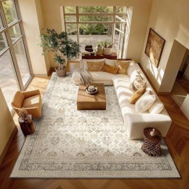 Imagem de Tapetes laváveis de 20 x 25 cm para sala de estar, tapetes de silicone antiderrapantes Boho para quarto, sala de jantar, berçário, escritório, tapete oriental neutro ultrarespesso de 0,8 cm com