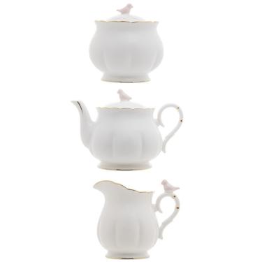 Imagem de Kit Bule + Açucareiro + Leiteira Birds De Porcelana Branco, Dourado E Rosa Wolff