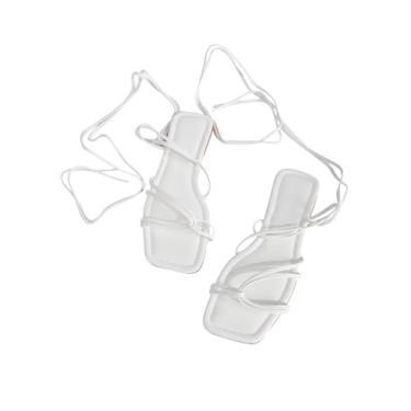 Imagem de GORGLITTER Sandálias rasas femininas com cadarço cruzadas sandálias de amarrar bico quadrado sandálias com tiras, Branco, 7.5