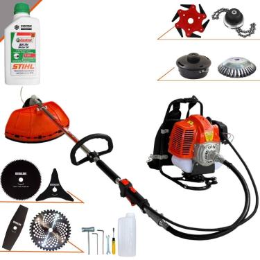Imagem de Roçadeira Costal Profissional Terra GRC-430 À Gasolina 2T 43cc 1,7HP de Potência Alta Rotação Com Carretel Nylon + Kit 7 Opções de Cortes + ÓLEO STIHL