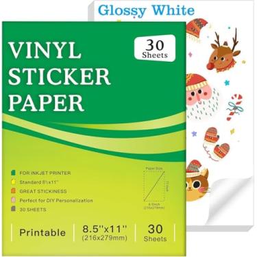 Imagem de 30 folhas de papel adesivo de vinil imprimível premium para impressora a jato de tinta, branco brilhante à prova d'água, seca rapidamente, cores vivas, resistente a rasgos, papel adesivo de vinil jato