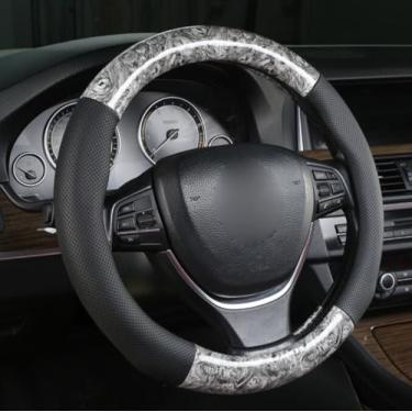 Imagem de Knonip Capa de volante de grão de madeira de 38 cm couro PU respirável antiderrapante macio acolchoado protetor de volante automotivo resistente (cinza)