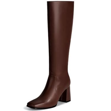 Imagem de Vipost Botas femininas de cano alto com bico quadrado de 8,5 cm, salto grosso, com zíper lateral, bota longa para outono e inverno 2025, Marrom, 8 Wide