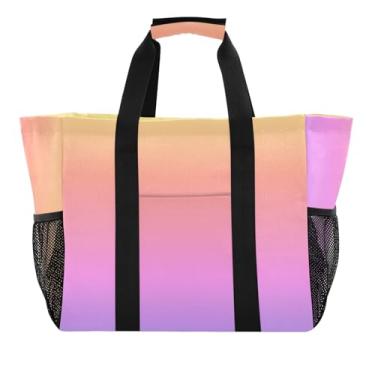 Imagem de ODAWA Bolsa de praia dobrável reutilizável com bolsos, organizador de férias, bolsa de natação dobrável, gradiente amarelo rosa