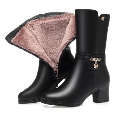 Imagem de EGGDK Botas femininas quentes de couro até a panturrilha confortável salto grosso com zíper lateral forro de pele botas de inverno com strass decorativo e pingente, Preto, 36