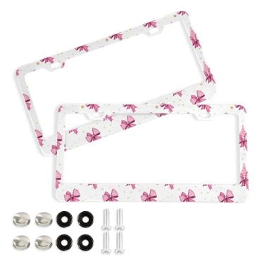 Imagem de SEHANY Lindas molduras de placa de licença de laço rosa, moldura de placa de carro de alumínio à prova de ferrugem com orifícios elípticos e parafusos serve para veículos padrão dos EUA tamanho