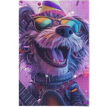 Imagem de Quebra-cabeça engraçado de cachorro tocando guitarra adultos 1000 peças presentes para amantes, quebra-cabeça para a família, brinquedo adulto exclusivo, quebra-cabeça de arte animal, 75 x 50 cm