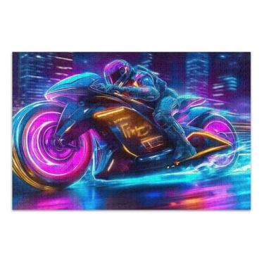 Imagem de Quebra-cabeça adulto 500 peças presentes engraçados jogo de quebra-cabeça legal neon, motociclista, quebra-cabeça rígido, arte de decoração de casa, 51 x 35 centímetros