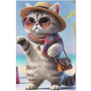 Imagem de Quebra-cabeça engraçado gato moda gatinho adultos 1000 peças quebra-cabeça engraçado rígido para adultos arte floral animal, 75 cm x 50 cm