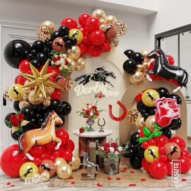 Imagem de Kentucky Horse Derby Decorações de festa, 120 peças, kit de guirlanda de arco de balão de corrida de cavalos, incluindo balões dourados vermelhos e pretos para corrida para a festa Rose Kentucky