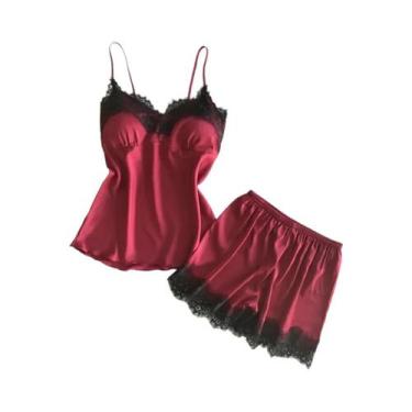 Imagem de Conjunto De Pijama Sem Mangas De Renda E Cetim Sexy Para Mulheres, Rou
