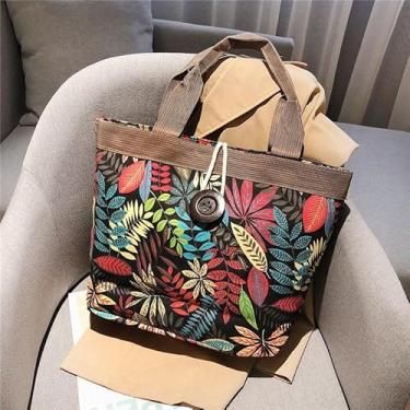 Imagem de Bolsa feminina de lona estilo étnico grande capacidade, Estilo de folha, 15.9X13.5X2 inches