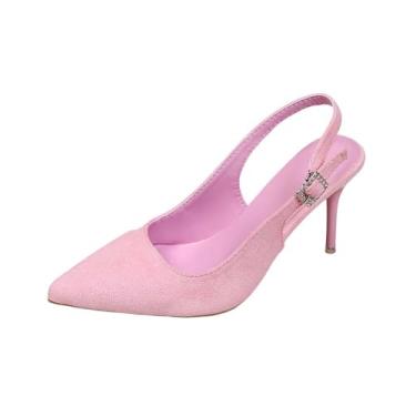 Imagem de Salto feminino sem cadarço com detalhe de corrente de metal, bico fino e laterais elásticas para estilo casual, rosa, 36
