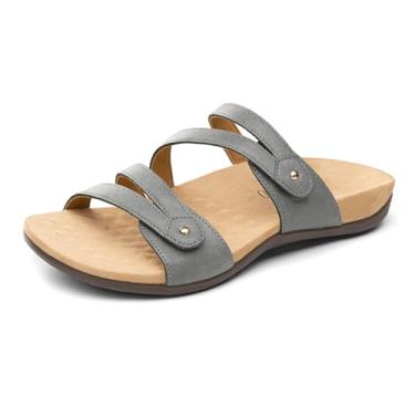 Imagem de Rihero Sandálias planas femininas ortopédicas com suporte de arco confortável e casual com alça ajustável para caminhadas no verão, Cinza, 36