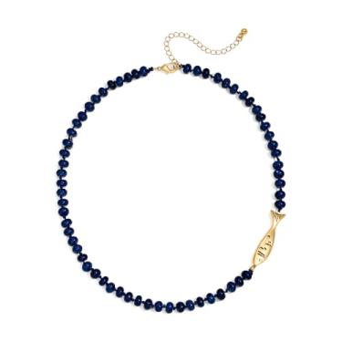 Imagem de MYCUTEY Colar gargantilha feminina com contas azuis à prova d'água, pingente de peixe, boêmio, ajustável, joia de verão, praia, presente