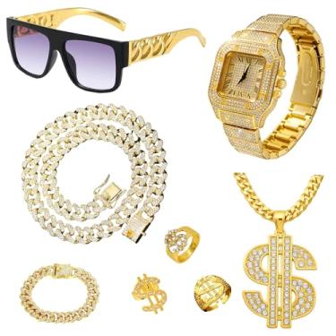 Imagem de Carreuty Conjunto de 8 peças de joias hip hop anos 80 anos 90 acessórios de fantasia hip hop com símbolo de dólar pingente de ouro colar pulseira relógio óculos de sol anéis para homens