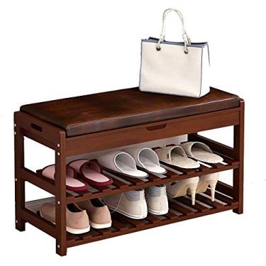Imagem de U5GAAALPPQ9 Rack de armazenamento confortável banco de sapatos de madeira maciça porta de entrada armazenamento de sapatos prateleira doméstica banco de sapatos com almofada para corredor sala de