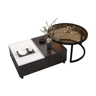 Imagem de U5GAAALPPQ9 Combinação de mesa de centro com rodas, mesa oblonga e mesa redonda, adequada para apartamentos pequenos, mesas pequenas de vidro e madeira (costura branca e marrom)