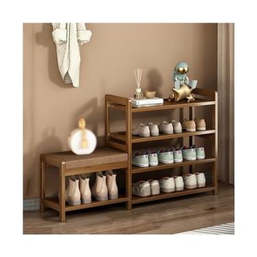 Imagem de Sapateira organizadora de sapatos com banco, banco de sapatos de bambu de entrada, rack organizador com prateleiras de armazenamento e almofada de assento para sapateira de corredor de entrada (cor