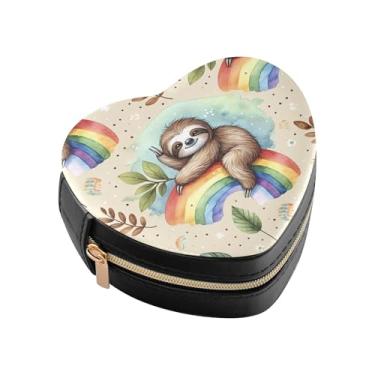 Imagem de Burbuja Caixa de joias em forma de coração de preguiça sentada no arco-íris, mini estojo de joias de viagem para mulheres e meninas, organizador portátil de armazenamento para brincos, anéis, colares