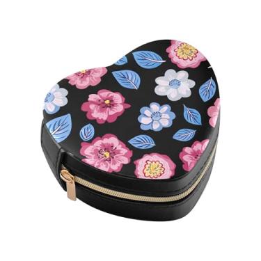 Imagem de Burbuja Caixa de joias em forma de coração com flores delicadas, mini estojo de viagem para mulheres e meninas, organizador portátil de armazenamento para brincos, anéis, colares e pulseiras
