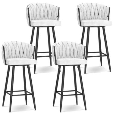 Imagem de Banquetas de bar giratórias modernas de 360°, cadeiras de cozinha estofadas de altura de bar com pernas de aço e apoio para os pés, perna branca e preta, 4 peças