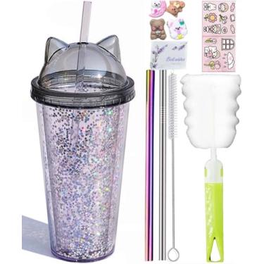 Imagem de windyswag Copos de viagem de orelha de biscoito com canudos, sorriso, donut, gelo, bebidas, garrafa de água, caneca de café infantil, copo de plástico reutilizável, presente de aniversário (gato preto