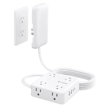 Imagem de TROND - Régua de tomada plana com tampa de tomada, cabo de extensão de 3 m com 8 tomadas CA, tomada de parede plana com 2 portas USB A e 2 portas USB C, proteção