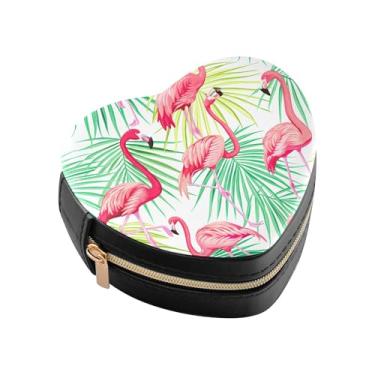 Imagem de Burbuja Caixa de joias flamingos com folhas tropicais em forma de coração, mini estojo de viagem para mulheres e meninas, organizador portátil de armazenamento para brincos, anéis, colares e pulseiras