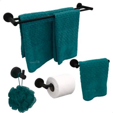 Imagem de Dona D Cor, Kit Acessórios Para Banheiro Preto Fosco Aço Inox 304 4 Peças Suporte Toalha Luxo Porta Toalha Reto Toalheiro Duplo Porta Papel Higiênico Gancho