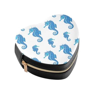 Imagem de Burbuja Caixa de joias em forma de coração cavalos-marinhos azuis mini estojo de joias de viagem para mulheres e meninas, estojo portátil organizador de armazenamento para brincos, anéis, colares e