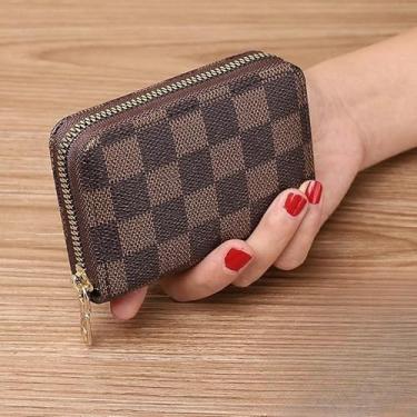 Imagem de Carteira feminina bolsa com zíper, carteira moderna, porta-cartões, bolsa de identificação, bolsa de armazenamento, carteira, bolsas, presente para mulheres e homens, Quadrado marrom, Estilo retrô