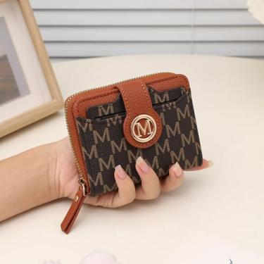 Imagem de Carteira curta feminina estampada com letras | Bolsa compacta de couro PU para vários cartões para estilo ocidental, Marrom, Tendência