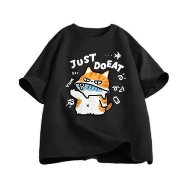 Imagem de Camiseta Feminina Engraçada Com Estampa De Gato Comendo Peixe, Gola Re